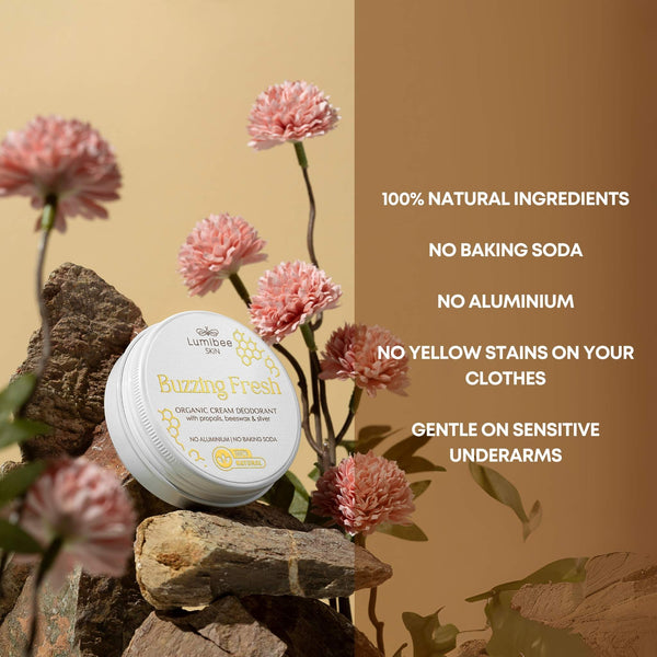 BUZZING FRESH<br/>Natural deodorant, baking soda & aluminum free, gentle on sensitive skin